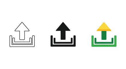 Upload arrow inside container icon variations showing outline filled and colored designs