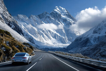 Driving through snow-capped mountains on a winding road in a scenic valley under a blue sky