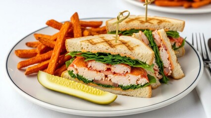 Grilled Lobster Sandwich with Sweet Potato Fries and Dill Pickle
