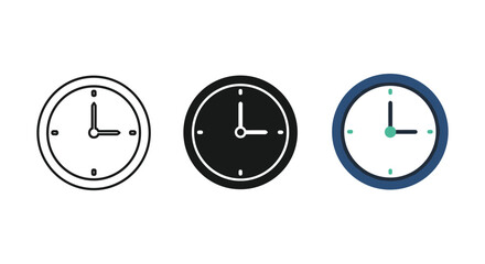 Three clock icons depicting analog time display in outline solid and flat color styles