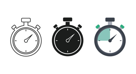 Three stopwatch icons illustrating outline solid and colored versions for timing measurement sports