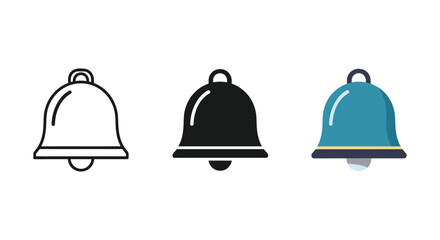 Set of three different style notification bell icons isolated on white background for app interface
