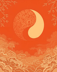 Red Lunar Yin Yang with Floral Clouds