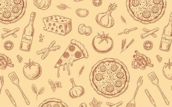 Hand drawn pizza ingredients and cooking utensils pattern