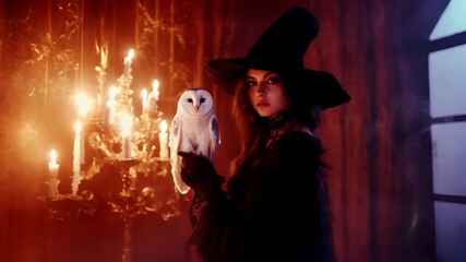 Halloween holiday promotion theme. Spooky scaring. A woman in a witch costume holds a white owl. She wears a black witchs hat, and her attire includes a choker. The background is a warm.