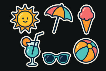 Colorful summer icons in flat sticker style sun, umbrella, ice cream, and more