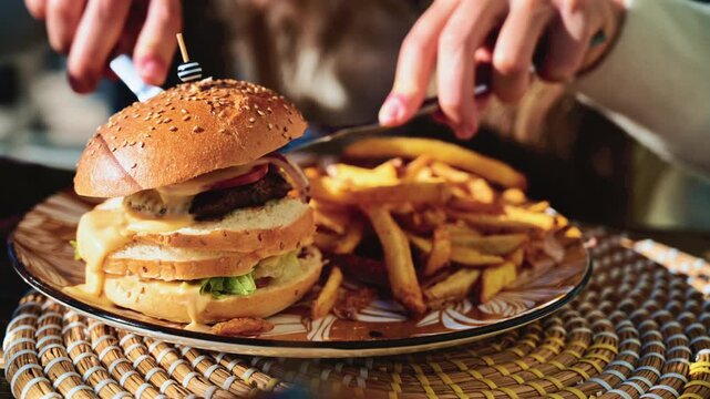 Gourmet burger served on a patterned plate in bright daylight, with blurred restaurant terrace in the background