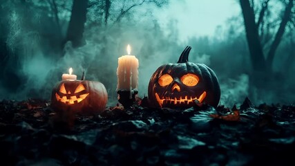 Halloween holiday promotion theme. Spooky scaring. Halloween pumpkin jackolanterns in a misty forest setting.