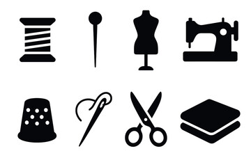 Silhouette sewing icons needle, thread, and machine set for crafting and tailoring