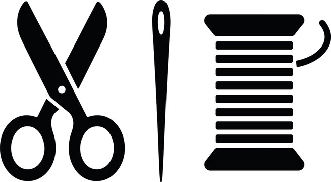 Minimalist sewing tools icon set featuring scissors, needle, and thread on gray background