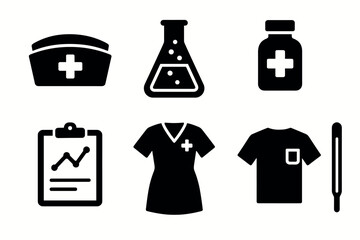 Healthcare icons medical tools and attire in simple black silhouette style