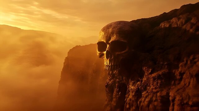 Halloween holiday promotion theme. Spooky scaring. A vivid, highresolution digital artwork featuring a golden skull against a backdrop of a dramatic sky. The skull is intricately detailed.