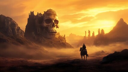 Halloween holiday promotion theme. Spooky scaring. A vivid, atmospheric digital artwork depicting a surreal landscape with a castle and a skull. The castle is perched atop a rocky outcrop.