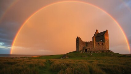 Ancient stone castle ruin standing on grassy hill under a perfect double rainbow at sunset, dramatic coastal landscape with colorful sky, concept of irish heritage, st patrick's day