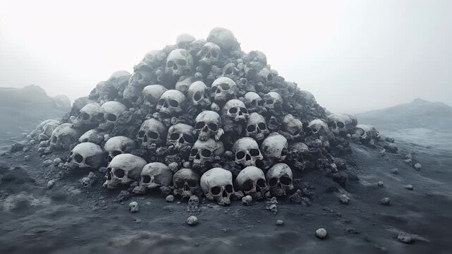 Halloween holiday promotion theme. Spooky scaring. A large pile of skulls on a rocky terrain, with a misty backdrop. The scene is monochromatic, primarily in shades of gray and white.
