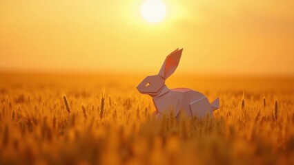 White origami Easter bunny hopping slowly through a golden wheat field at sunset, warm cinematic lighting, сoncept of easter celebration, spring greeting cards