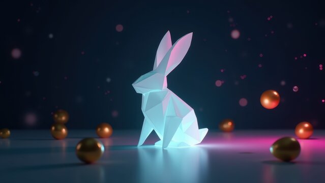 White origami Easter bunny glowing with soft cyan and magenta neon edges  in a dark minimal room with floating golden Easter eggs, сoncept of easter celebration, spring greeting cards