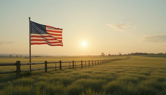 American flag waving over a tranquil golden wheat field at sunrise with fence