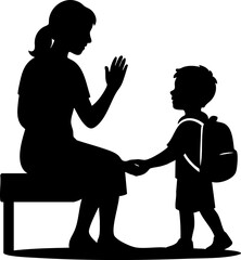 Silhouette of woman giving guidance to child before school with backpack