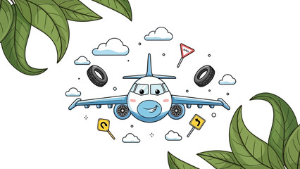 Obraz premium Whimsical Cartoon Airplane with Friendly Face Flying Amid Green Leaves and Sky