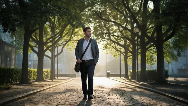 Man in gray suit walking down cobblestone path lined with tall trees under warm sunlight, cityscape in background