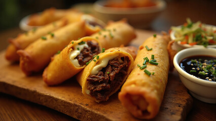 Crispy Beef-Filled Spring Rolls with Dipping Sauce &ndash; Close-Up Food Photography