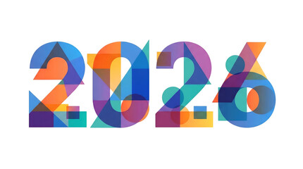 Vibrant geometric 2026 number featuring a modern abstract design with overlapping colorful shapes perfect for new year greetings future concepts and annual reports