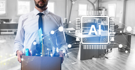 Workforce reduction shows employee leaving with belongings as AI-driven automation replaces human...