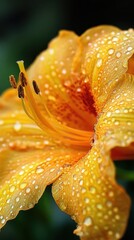 Vivid yellow lily with glistening dew drops, close-up view, detailed textures