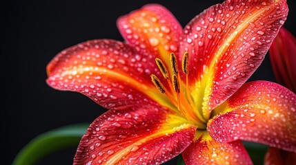 Vibrant orange lily bloom detailed with water droplets against a dark backdrop