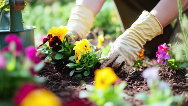 Gardener planting colorful flowers in soil garden bed, hands wearing gloves caring plants outdoors, spring gardening activity, nature growth, home landscaping, eco lifestyle footage