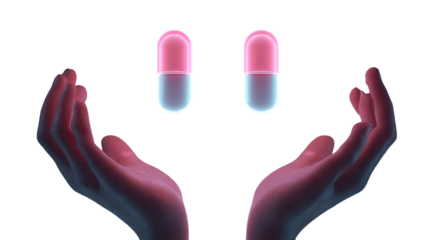floating colorful capsules above open glowing hands in vibrant futuristic style creating surreal pharmaceutical scene on white background