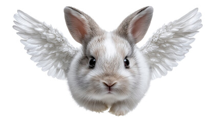 Flying bunny with feathered wings transparent image. Cute animal hopping. Magical creature front facing isolated cutout 3d render. Rabbit angel flight cut out clipart design element png