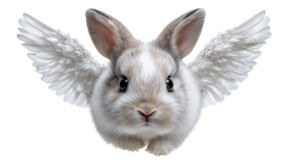 Flying bunny with feathered wings transparent image. Cute animal hopping. Magical creature front facing isolated cutout 3d render. Rabbit angel flight cut out clipart design element png