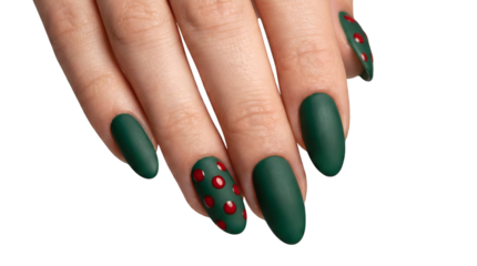 Stylish female hand with dark green matte manicured nails featuring a trendy red polka dot design isolated on white for beauty and fashion concepts