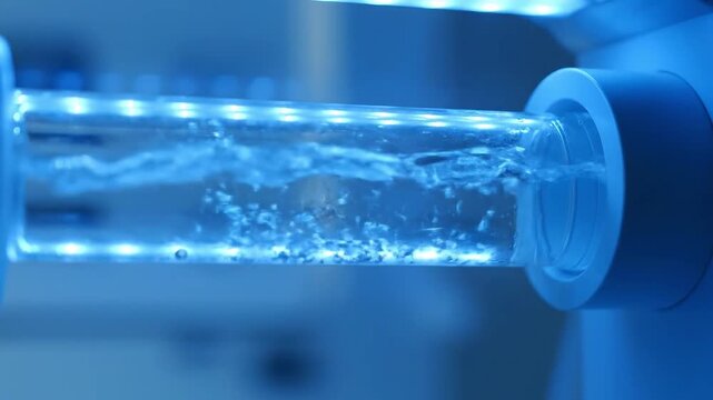 Close up of blue liquid flowing through a transparent tube with lights.