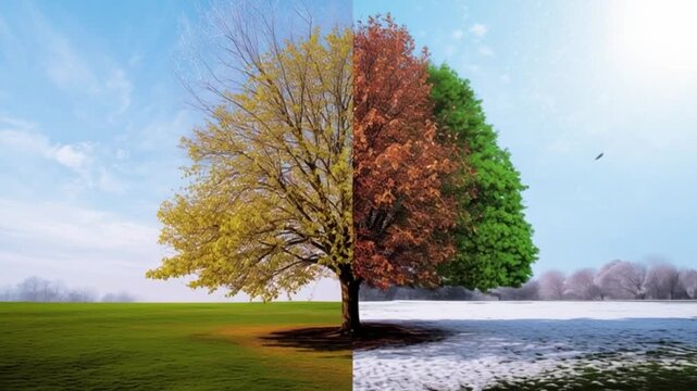 Tree divided into four seasons showing spring summer autumn winter in one landscape, climate change and time concept, colorful nature transformation, environmental cycle cinematic footage