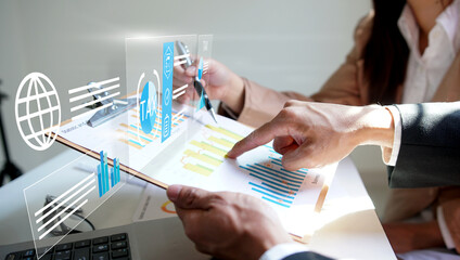 Business people organizing tax checklist through virtual interface. Tax planning services to maximize tax savings and optimize business finances