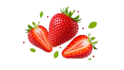 Fresh red strawberries with leaves isolated on transparent background