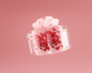 A 3D render of a transparent, clear gift box filled with numerous small, red hearts, tied with a light pink ribbon and bow.