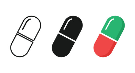 Capsule pill icon set showing outline solid and color versions for medicine drug treatment
