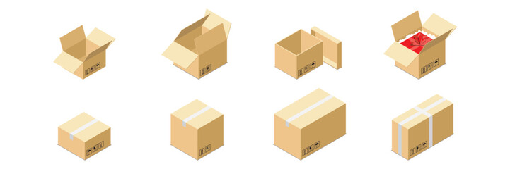 Collection of cardboard boxes in various shapes for packaging, shipping, and logistic purposes.