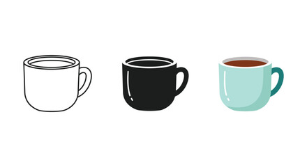 Coffee mug vector icons set simple hot drink cup outline filled silhouette color flat design