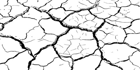 High-resolution cracked dry soil texture with intricate fracture patterns, natural organic lines, monochrome design ideal for backgrounds, geology themes, environmental concepts and compositions.