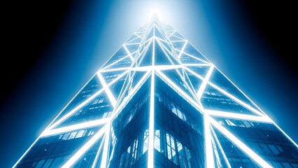 Futuristic skyscraper with glowing blue geometric lines an abstract architectural design symbolizing technology and modern busines