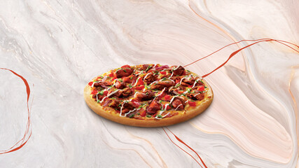 Delicious freshly baked meat-loaded pizza with melted cheese and vibrant toppings placed over elegant marble background for food advertising design