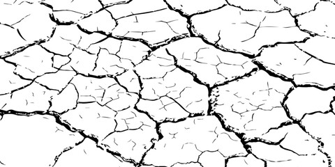 High-resolution cracked dry soil texture with intricate fracture patterns, natural organic lines, monochrome design ideal for backgrounds, geology themes, environmental concepts and compositions.