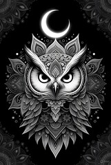 Highly detailed black and white illustration of an owl centered within an ornate mandala design, featuring a glowing crescent moon, floral patterns, and decorative line art.