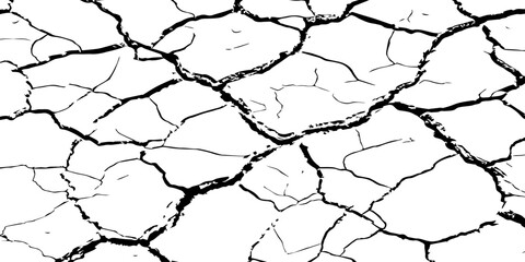 High-resolution cracked dry soil texture with intricate fracture patterns, natural organic lines, monochrome design ideal for backgrounds, geology themes, environmental concepts and compositions.