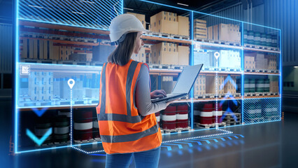 Smart warehouse management specialist tracks inventory with a laptop, using digital visualization to control stock levels and optimize logistics processes.